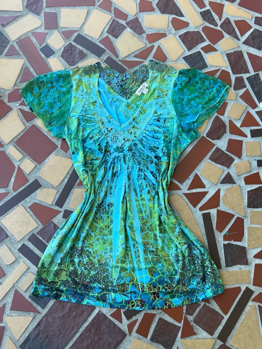 Fairycore Teal & Green V-Neck Short Sleeve Top